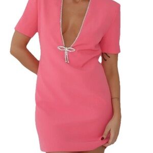 Rumored Disco Mini Dress‎ Womens XS Barbie Core Deep V-Neck Diamond Trim